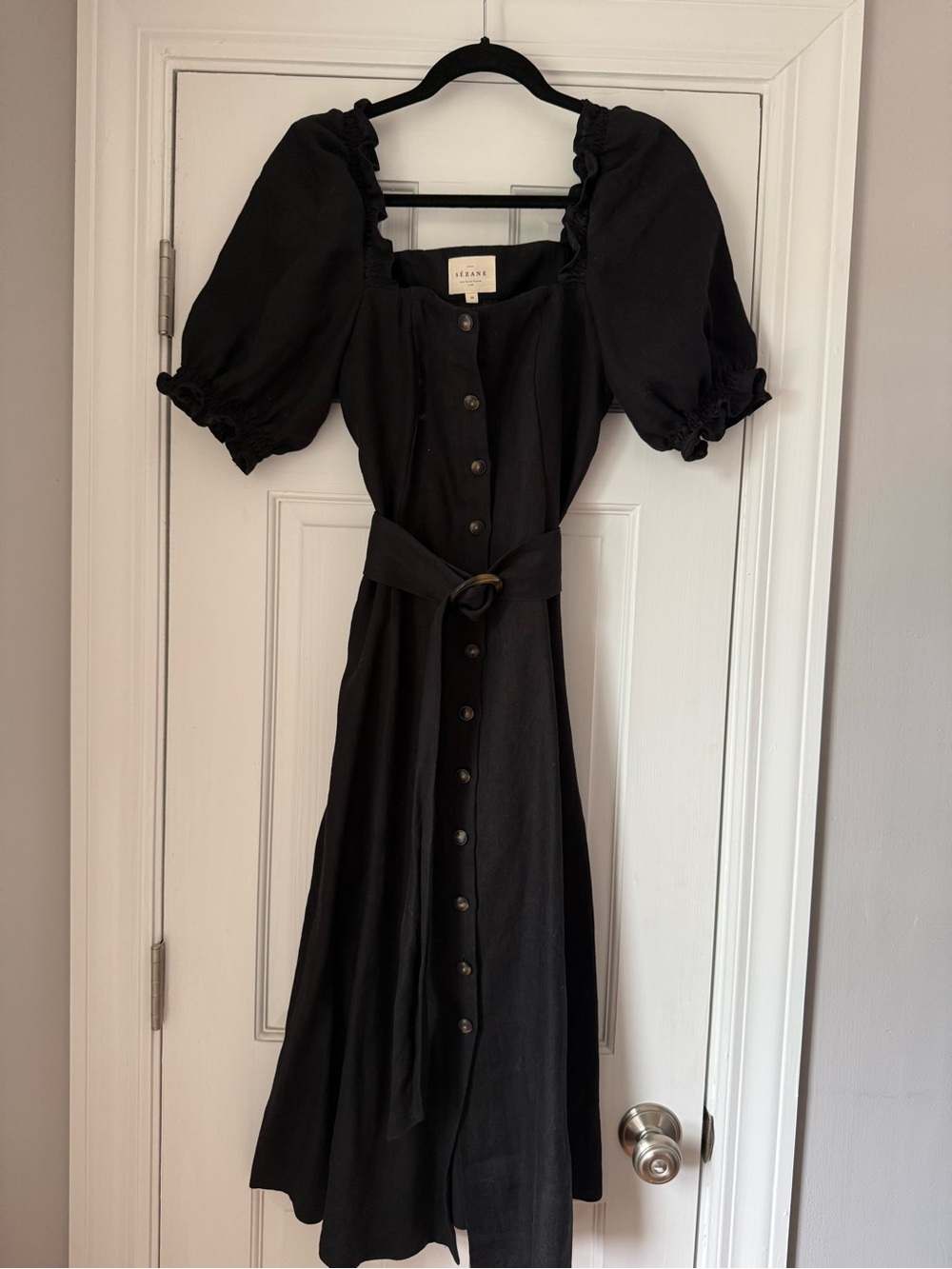 Sezane Winona Black Linen Puff-Sleeve Button-Front Midi Dress with Belt